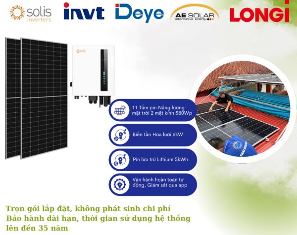 Hệ thống điện mặt trời Hybrid công suất 6,4kWP, Lưu trữ 5kWh